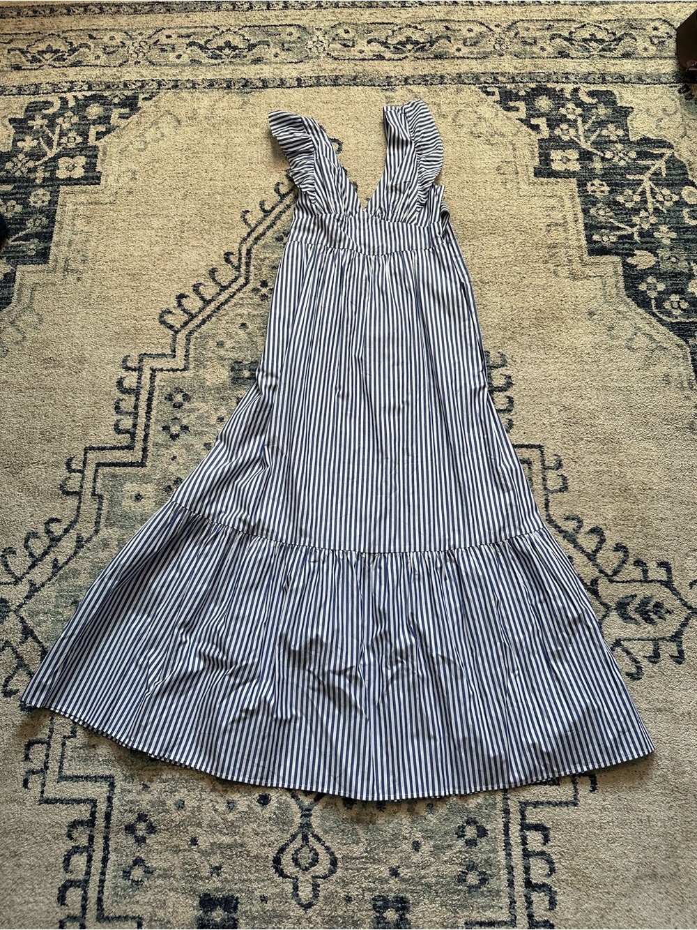 NWT Maci Dress Blue and White Striped Ruffle Shoulder